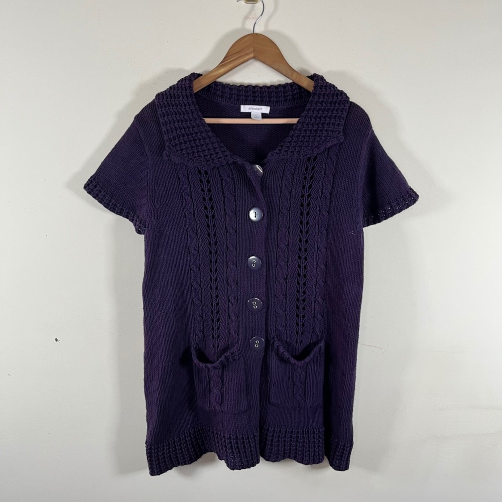 Y2K Dressbarn Plum Purple Short Sleeve Cable Knit Button Down Cardigan Sweater